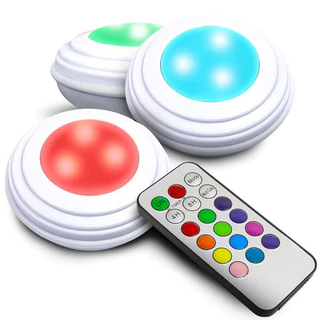 Kit 3 Luminaria Lampada Led Spot Sem Fio Controle Remoto RGB Coloridas Multicolor Com Adesivos Para Armários
