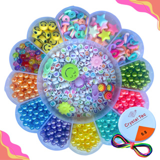 Kit Miçangas Infantil 1850 Peças para Montar Pulseiras, Colares e Brincos + Fio de Silicone 100m Urso e Flor