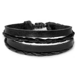 Pulseira Masculina de Couro Preto em Aço Preto - 20 cm Preto