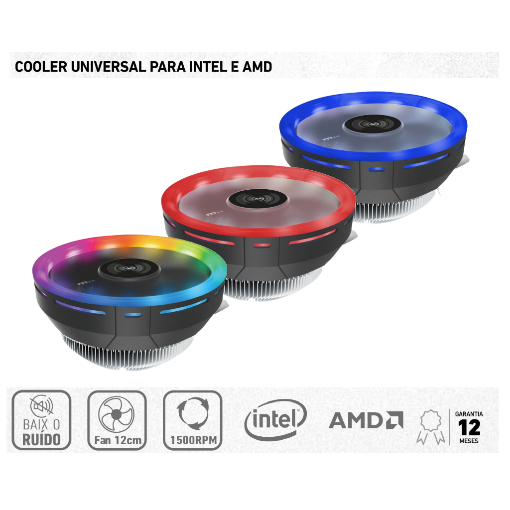 Cpu Cooler Processador Intel Amd Universal Com Led AZUL VERMELHO RGB PC ...