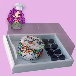 Embalagem Bentô Cake + 8 Doces com suporte na cor Branca- 18,5x25,5x11 - Pacote com 05 Unidades *Circunferência da cavidade do bolo é ajustável, sendo a menor de 12,5cm (diâmetro) e a maior de 15cm (diâmetro)