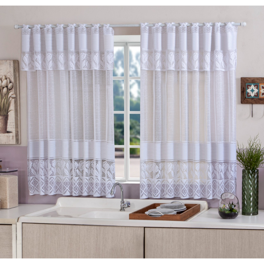 Cortina de Cozinha Renda Tulipa Branca 1,20m x 2,20m com Bando