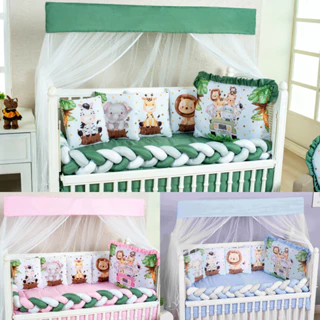 KIT DE BERÇO MENINO/MENINA SUBLIMADO SAFARI ROSA/VERDE/AZUL 10 PEÇAS