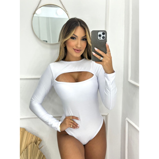 Thybstore body decote vazado manga longa com gola basico