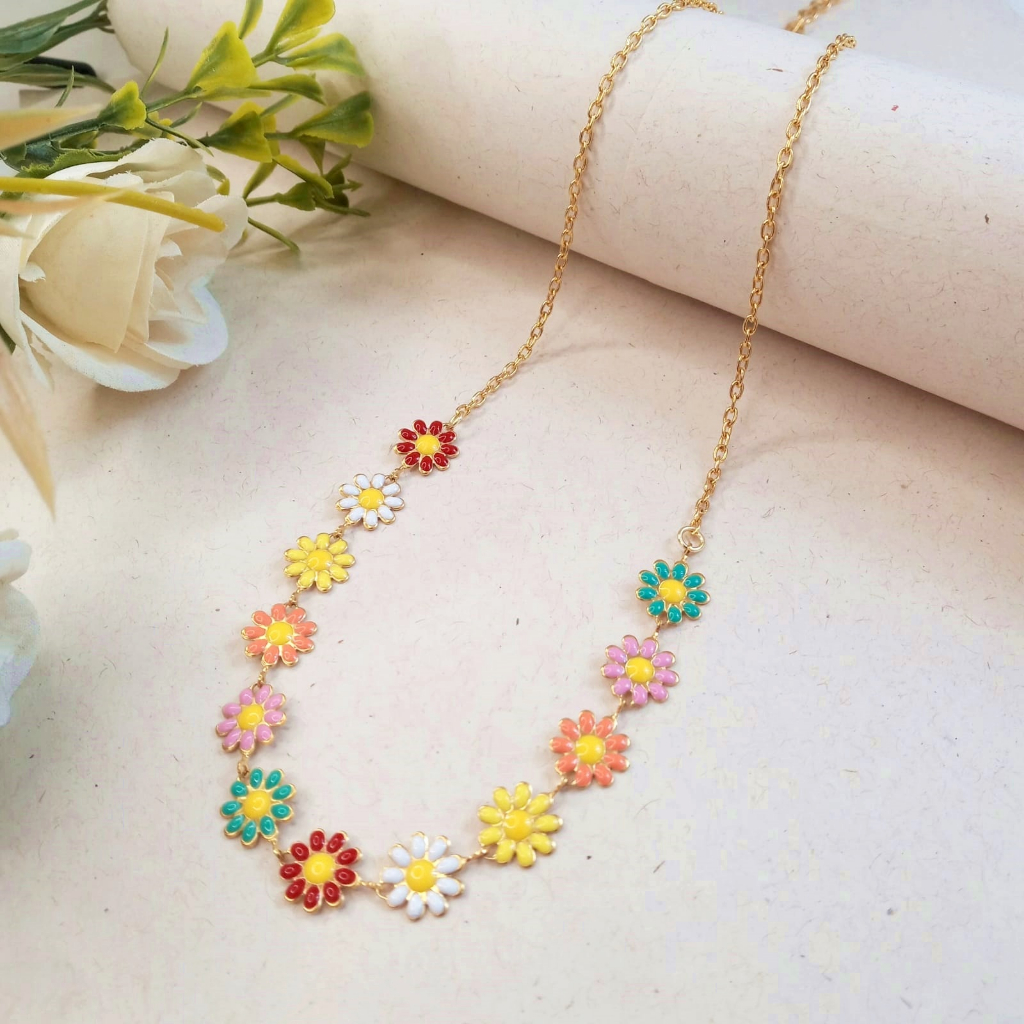 Colar de Margaridas Colorido - Colar Feminino - Colar Dourado de Flor ...