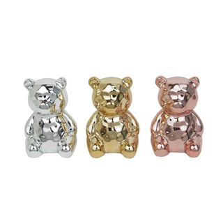 Estátua Enfeite Decorativo Luxo Em Porcelana Mini Ursinho Rosé Gold/ Dourado/ Prata