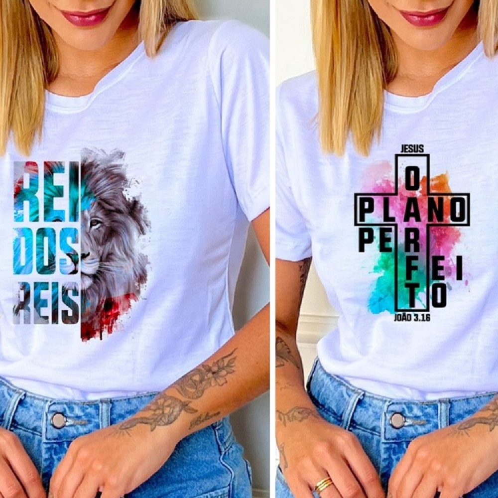 Kit 2 Camisetas T-shirt Blusa Feminina Estampa Evangélica Gospel