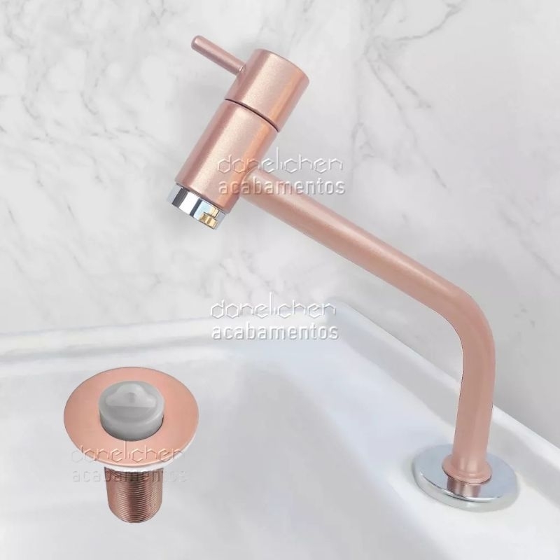 Torneira INOX Cor Rosé Gold Fosco + Válvula Lavatório Bancada Rose Gold Metal