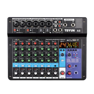 8 o computador portátil profissional do console da mistura do som do misturador do canal pôs o equipamento audio da transmissão viva do número do poder 48v