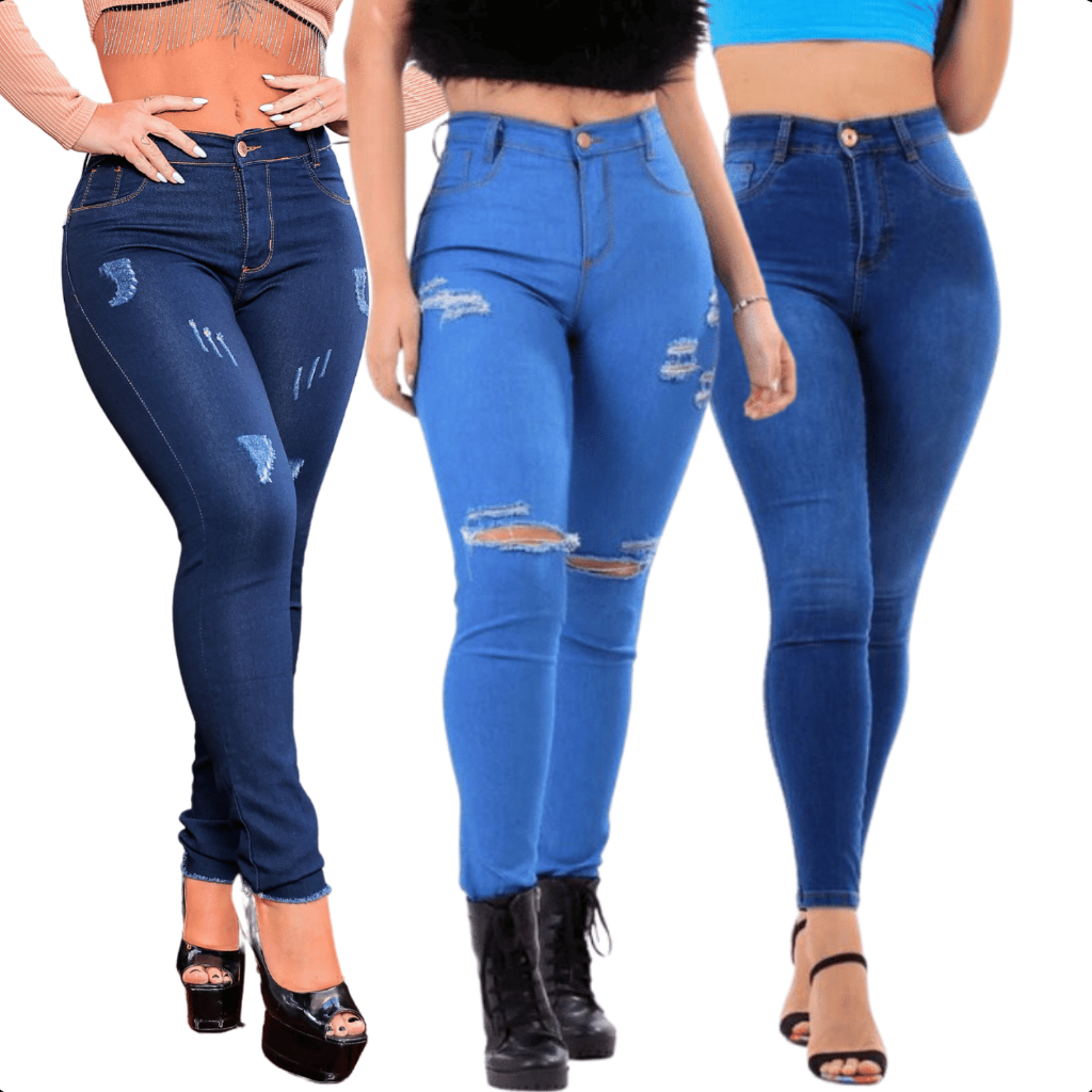 Kit De 3 Calça Jeans Feminina Skinny Premium Cintura Alta