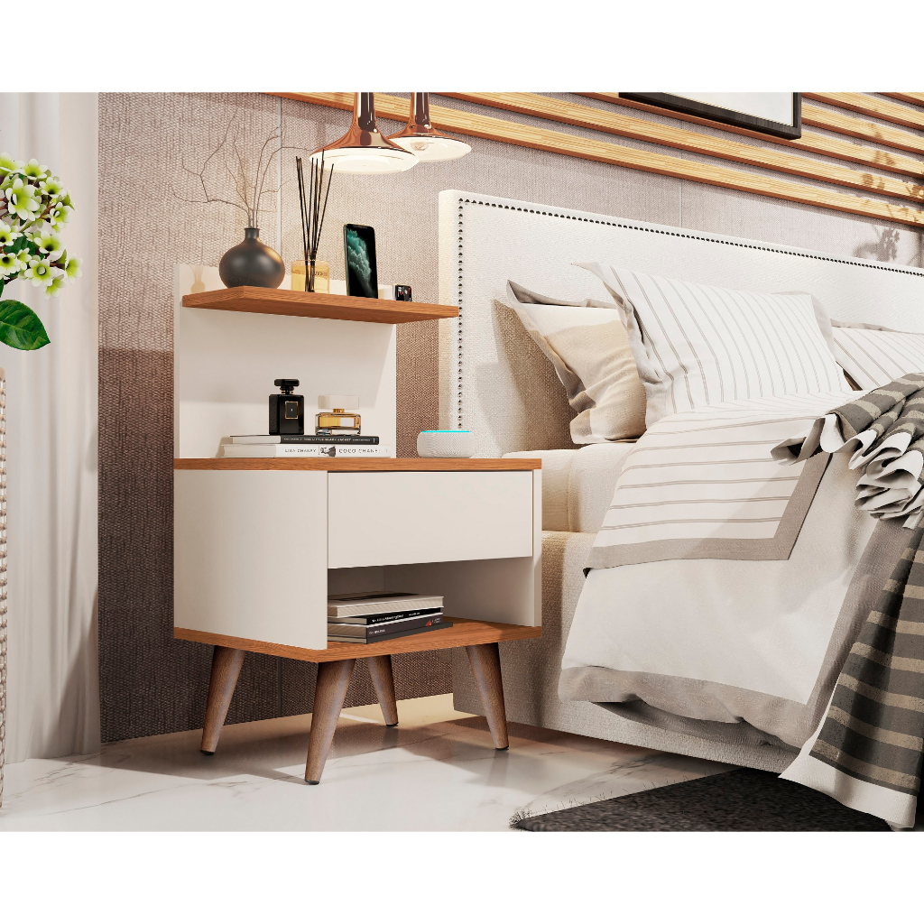 Mesa de cabeceira retrô com 1 gaveta sleep decor com prateleira - Cores Diversas