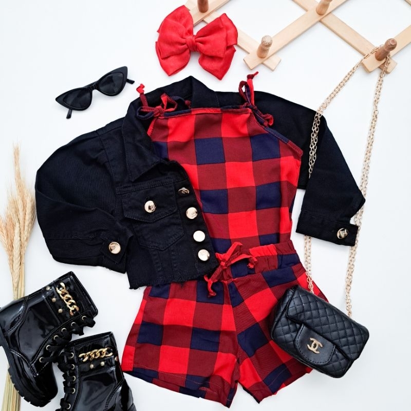 Conjunto Kit Bata Azul Marinho Vestido Xadrez Vermelho Veneza Laço Vermelho  Juvenil Infantil Bebê Fazenda Escocesa Índigo Trend - Índigo Trend