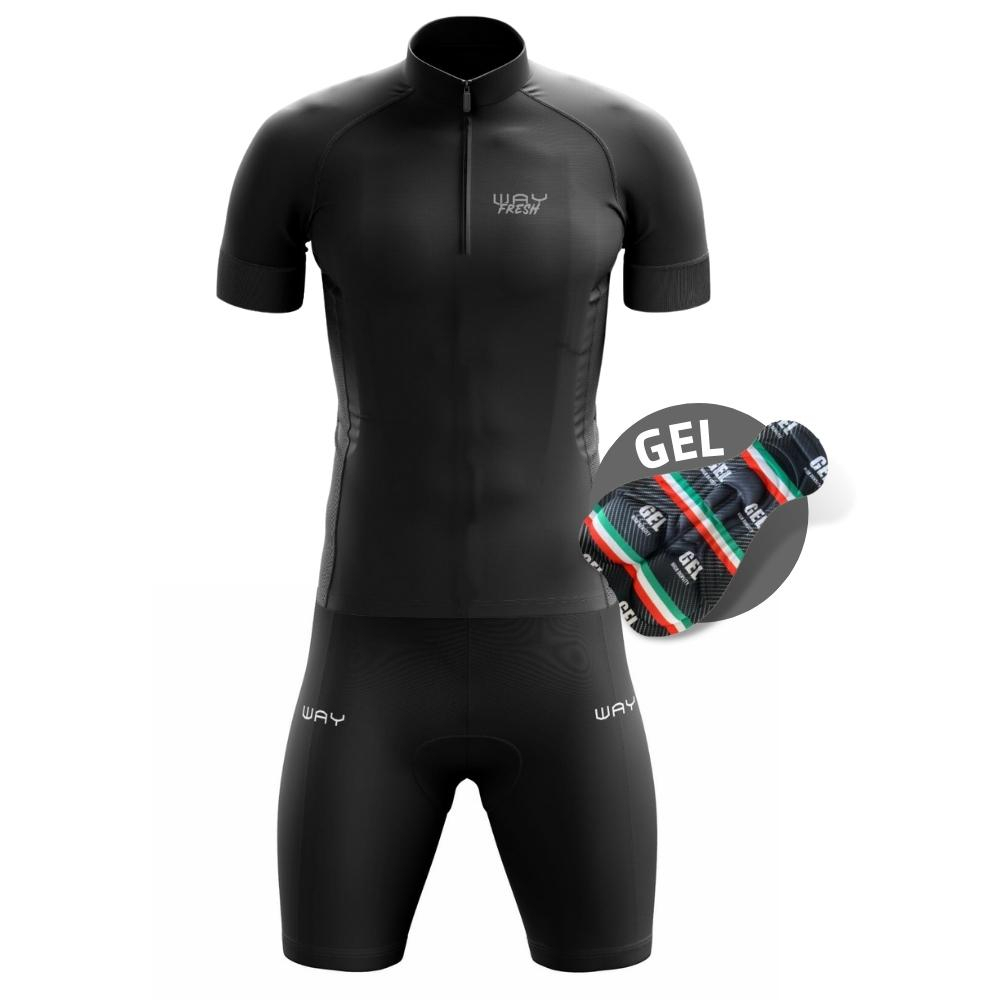 Conjunto de Ciclismo Masculino Camisa Refrescante Preta e Bermuda Forro Gel Uv50 Mtb