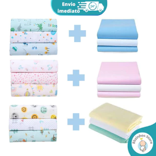 Kit 6 Cueiros Bebê Flanelado 3 Estampados e 3 Lisos
