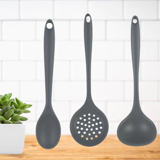 Kit Utensílio de Silicone com 03 unidades Concha Espumadeira Colher Cor Cinza - TOP