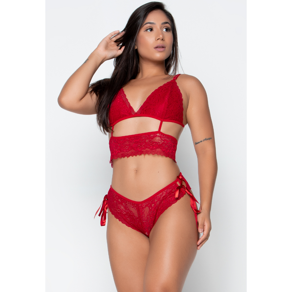 Conjunto Renda Lingerie Top Sutiã Calcinha Sexy Babado Moda Íntima Lacradora Sensual Feminino 1010