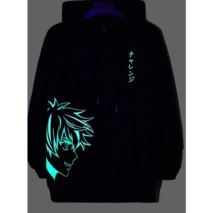 Blusa De Frio Moletom Canguru Algodão Unissex Com Capuz Sem Cordão Letras e figuras japonesas