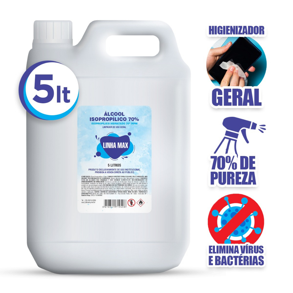 Álcool Isopropílico 70% Para Desinfecção e Descontaminação Esterilização De Ambientes Uso Geral 5 Litros