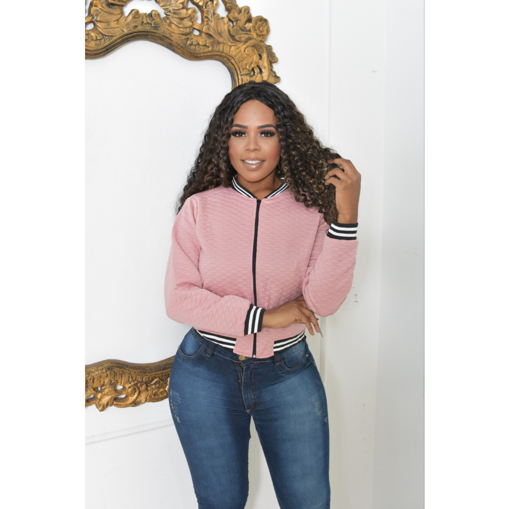 Jaqueta blusa de Frio Bomber Feminina com Ziper, Punho e Gola com