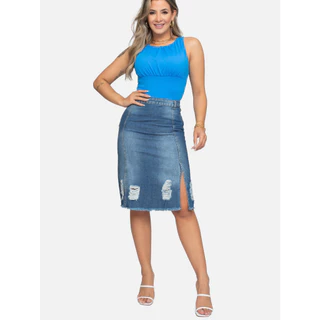 Saia Midi Jeans Feminina Com Rasgos Lavagem Media