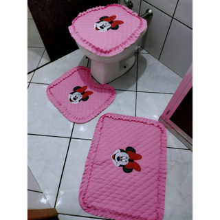 Kit banheiro jogo de tapetes 3 peças igual de Minnie e Mickey fofo Disney tecido metalassê passadeira