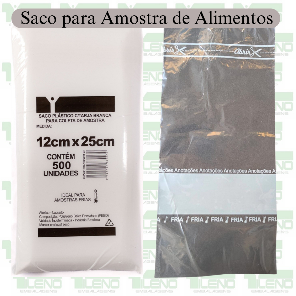 Saco Amostra p Alimentos com Tarja para Coleta 12x25x0,05 Pacote C/ 500 saquinhos