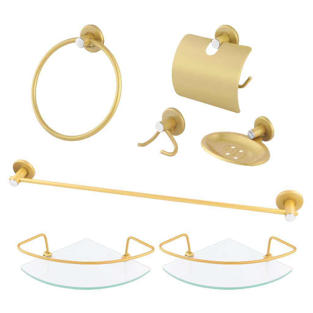 Kit Acessorios para Banheiro 5 Peças Dourado + 2 Porta Shampoo Canto