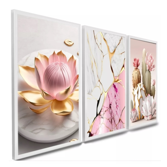 Quadro decorativo flor de Lotus para sala quarto cozinha e escritorio 3 peças decoraçao