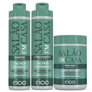 Eico Salão Em Casa Cachos Definidos Shampoo 800ml e Condicionador Leave-in 750ml + Máscara Tratamento Hidratação 1kg