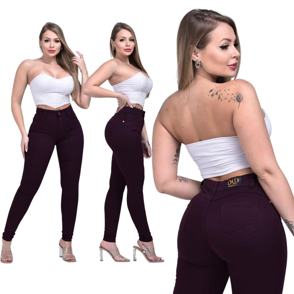 Calça Jeans feminina Bordo Vinho Cintura Alta com Lycra