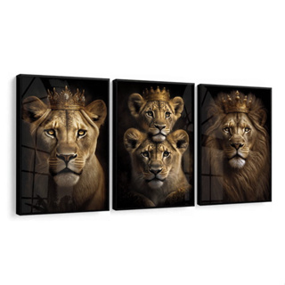 Quadros Decorativo 3 peças 60x40 Mosaico Mdf Alta Resolução Full HD Família Leão Leoa com Vidro