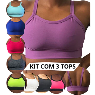 KIT 3 Top Cropped Fitness Academia Fitness com forro cores