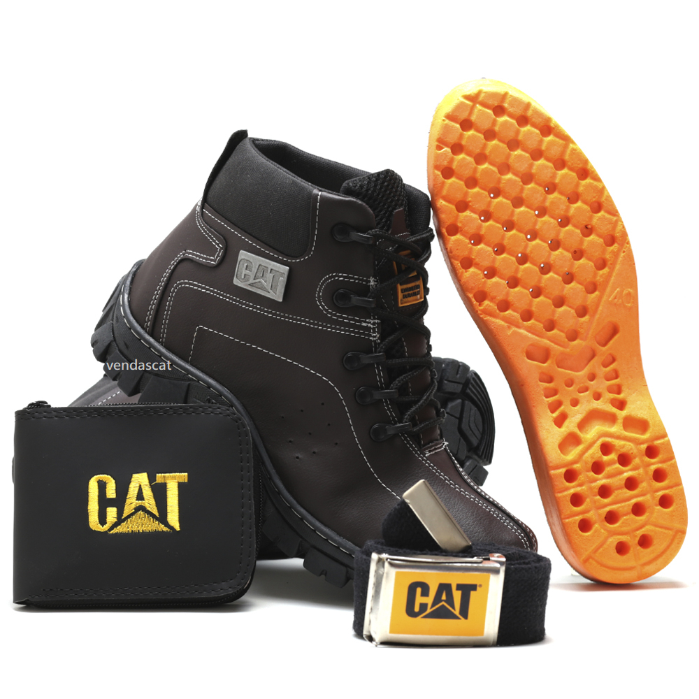 Bota Masculina Caterpillar de Couro Reforçado Impermeável Moderna +  Carteira CAT