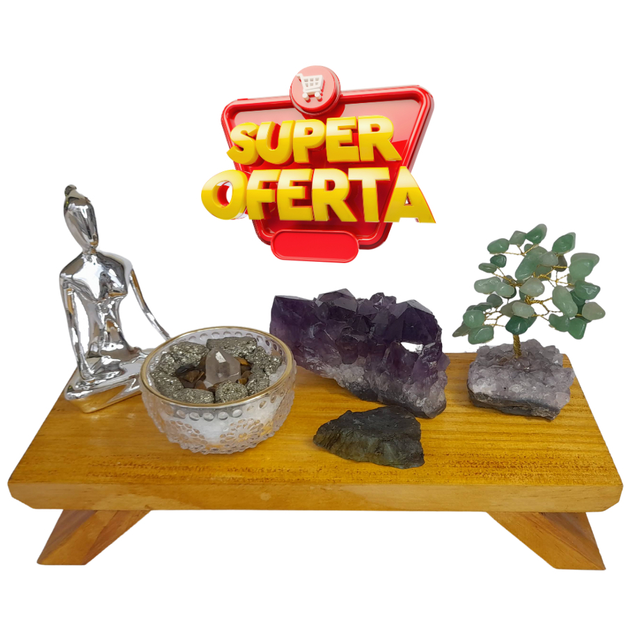 Altar em Madeira Pedra Natural Estatua Cristais 30cm