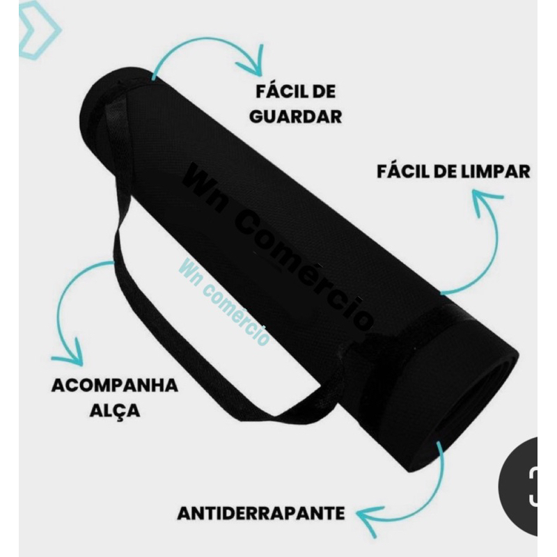 Tapete Yoga c/Alça Eva Fitness Ginástica Macio Lavável 1,73m x 61cm 5 Espessura