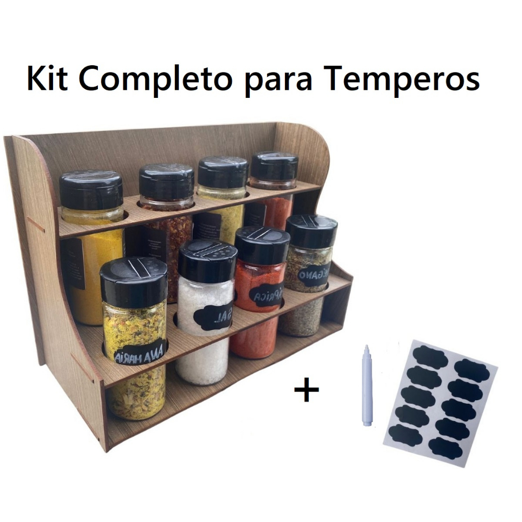 Kit Porta Tempero Mesa + 8 Potes + Etiquetas c/ Caneta Giz - Jogo Completo para Temperos Cozinha