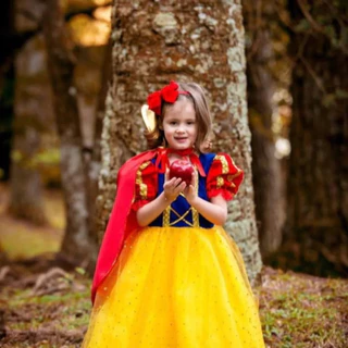 Vestido Fantasia Infantil Princesa Branca De Neve Luxo com Tiara e Capa