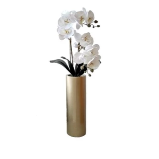 Arranjo Vaso Cilindro Dourado Com Orquídeas Artificiais Similar a natural Tendência