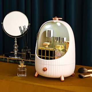 Organizador Caixa de armazenamento de cosméticos com LED redonda moda popular porta-escovas de maquiagem suporte para batom máscara facial e produtos de cuidados com a pele em acrílico para a mesa de vaidade City rock