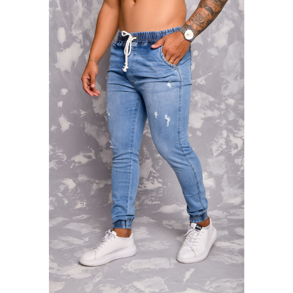 Calça jeans com elastico na 2024 barra masculina