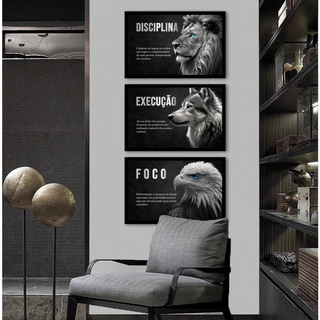 Quadros Decorativo 3 peças 60x40 Mosaico Mdf Alta Resolução Full HD Frases para Escritório Leão Lobo Águia