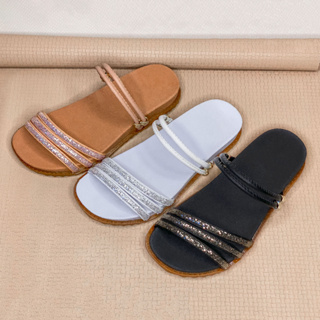 Sandália Feminina Papete Birken 3 Tiras De Brilho Dois Modos de uso Rasteirinha Feminina Confortável Promoção Imperdível
