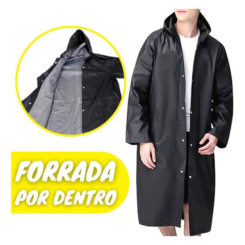 Capa de Chuva Preta REFORÇADA de PVC Com Forro Longa Com Capuz Proteção ...