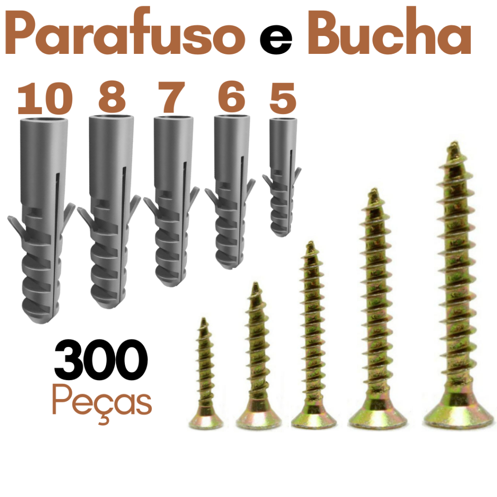 Parafuso com Buchas 5mm 6mm 7mm 8mm 10mm para Parede Concreto Kit Bucha e Parafusos 5 - 6 - 7 - 8 - 10 Fixação