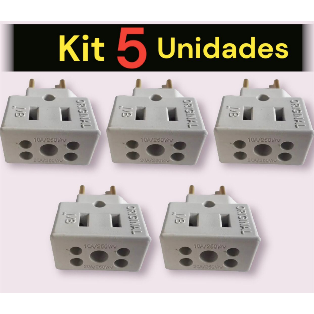 Kit 5 Adaptador Tomada Benjamin Plug Padrão Novo e Antigo 10A e 20A