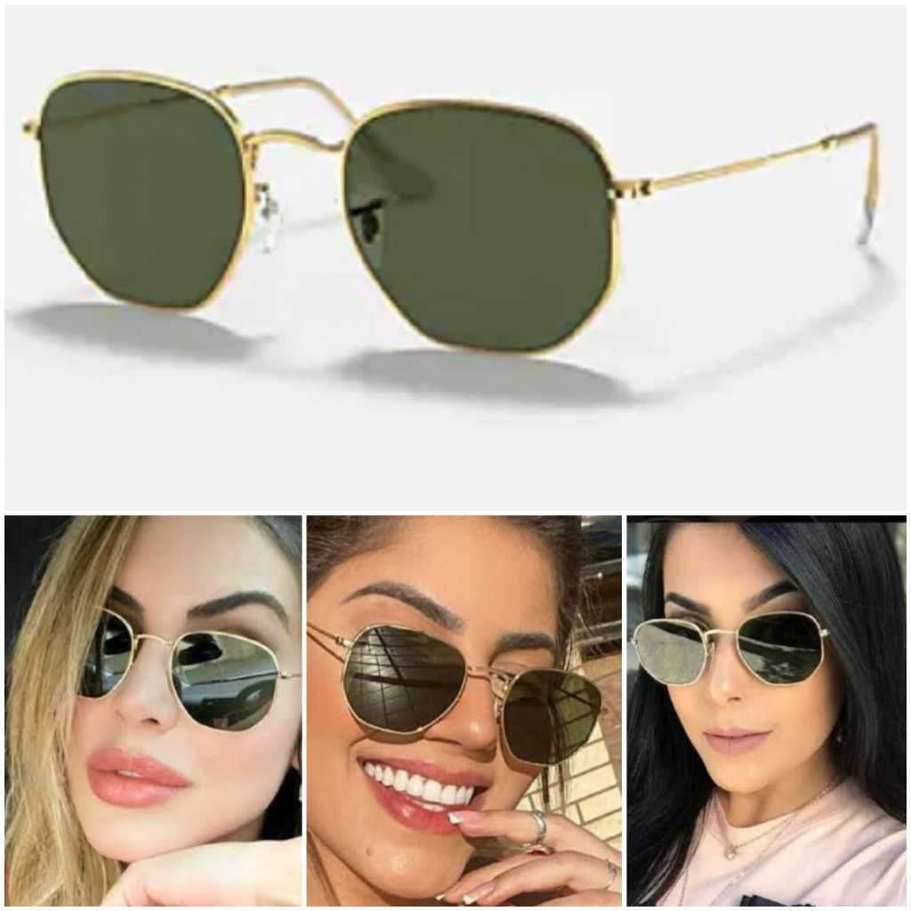 Óculos De Sol Ray Ban Hexagonal 3548 Dourado Lentes Em Cristal