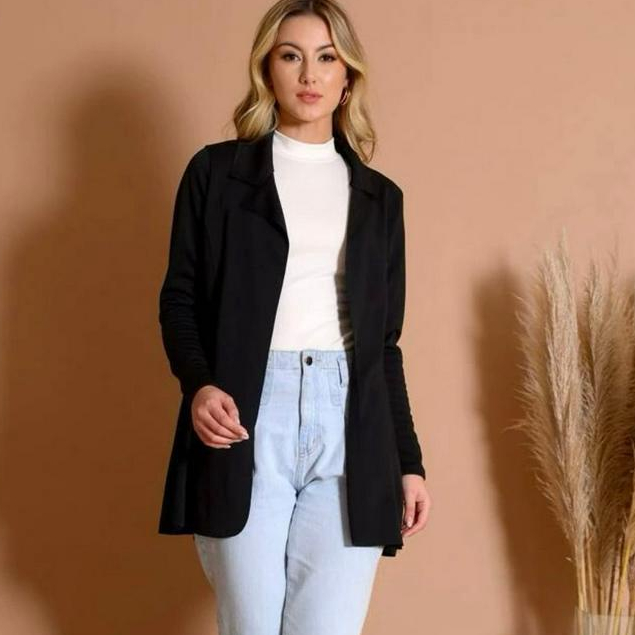 Blazer Alongado Maxi Neoprene corte a laser rústico casaco jaqueta