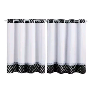 CORTINA PARA DECORAÇÃO DE PIA BRANCA COM POÁ PRETO COM BOLINHAS COM ILHÓS 1,40x0,80