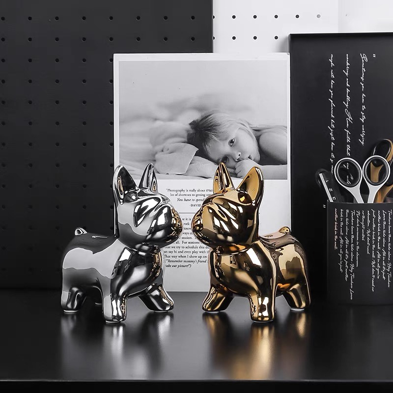 Enfeite Bibelô Decorativo de Cachorro Cachorrinho Buldogue Francês Porcelana Branco Rose ou Dourado