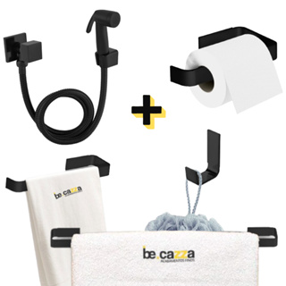 Kit Acessórios de Banheiro Lavabo Preto Fosco 4 Peças Luxo + Ducha Higienico Quadradada Luxo Metal